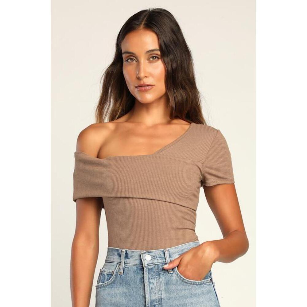 Lulus My Charming Ways Light Brown Ribbed One Shoulder Bodysuit - Size M